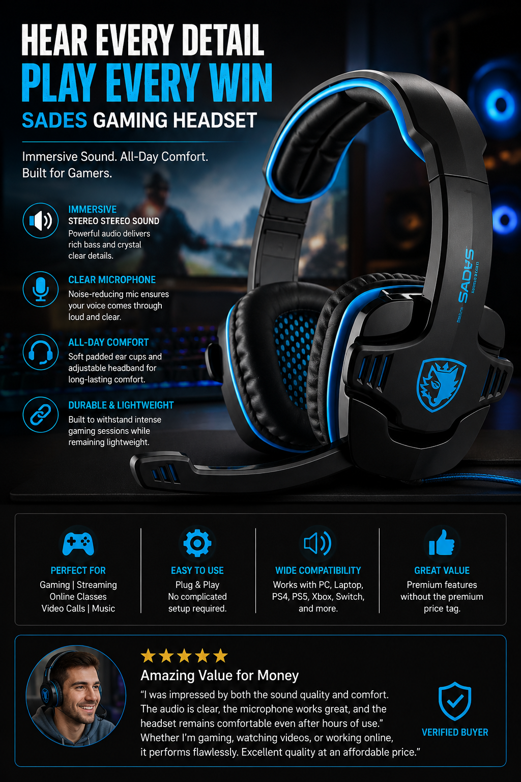 SA901 Gaming Headset with Microphone for PC